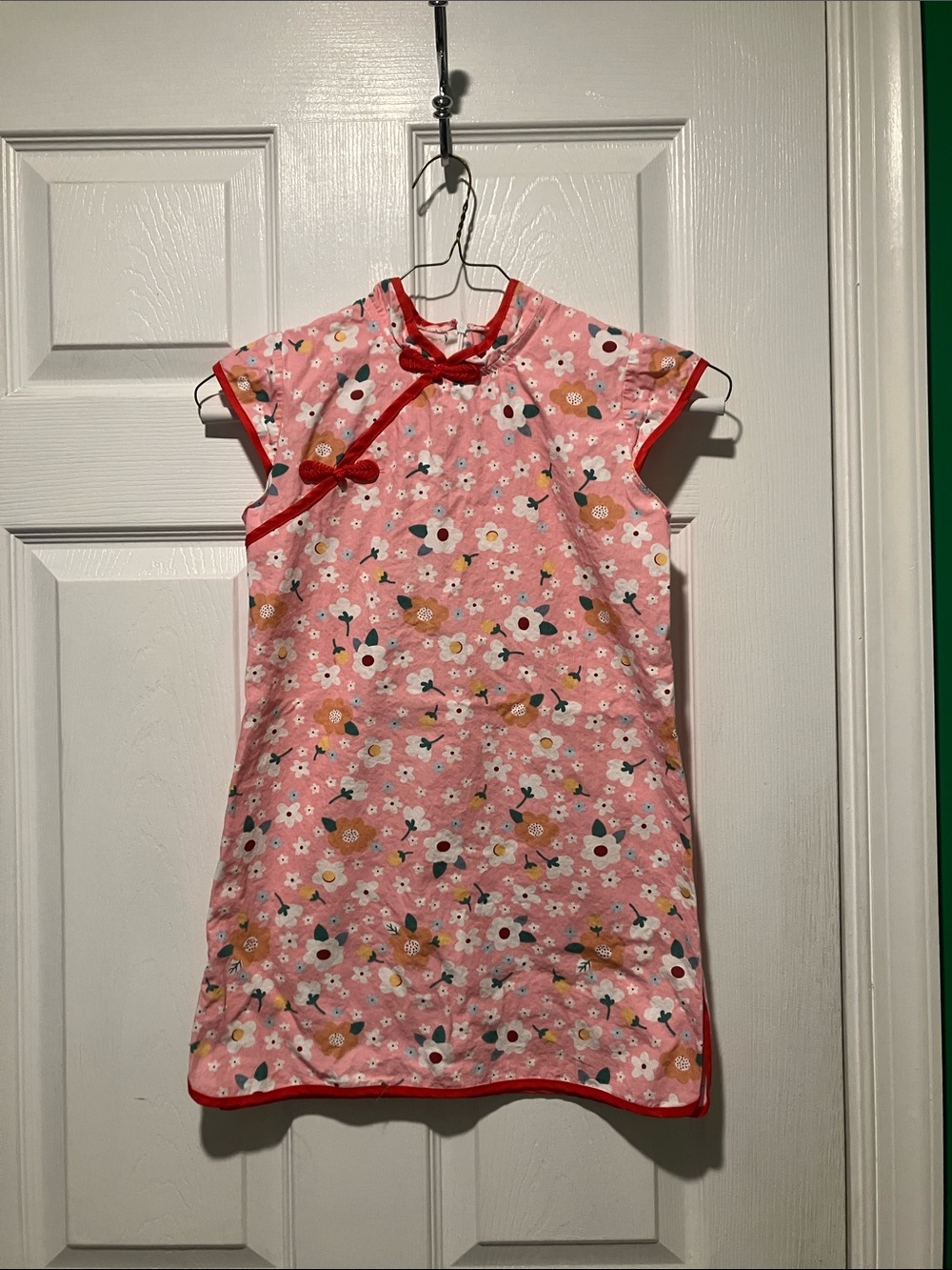 Handmade floral back zip cotton dress pink mandarin collar summer cap sleeve  8